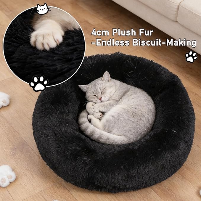 Calming Donut Dog Beds for Small Dogs Kitten - Washable Removable Cover Non-Slip Bottom, Round Pet Bed Puppy Bed Warming Fluffy Faux Fur Anti-Anxiety, Fits up to 15 lbs (Black, 20")
