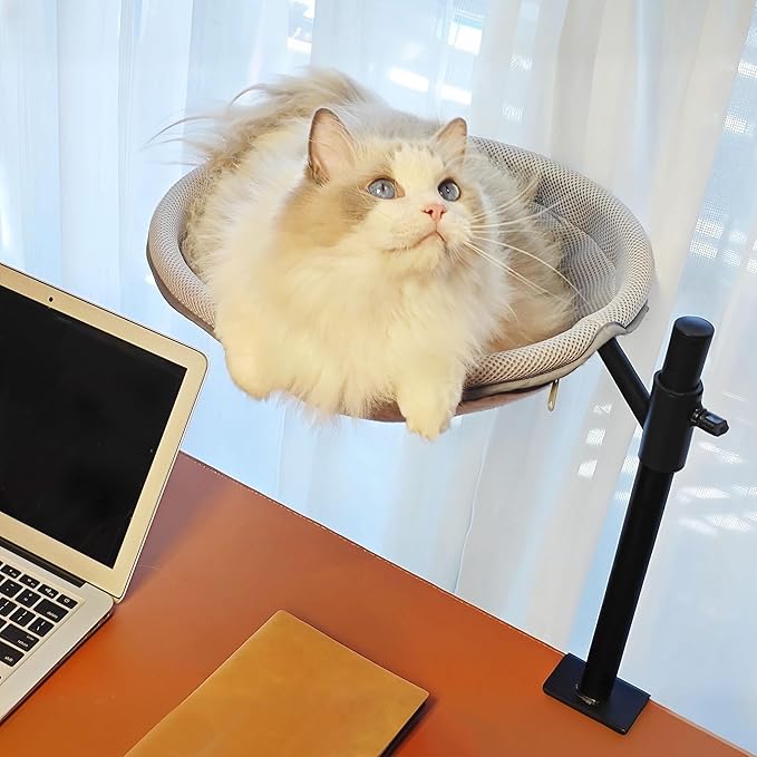 Cat Desk Bed,360°Swivel,Height Adjustable,Desktop Attachment Cats Perch for Home Office,Cover Washable, Holds Up to 45lbs,Kitten Furniture Accessories,Cat Beds，Cats Furniture(Grey)