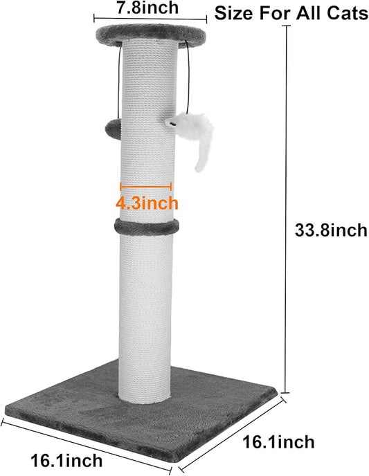 Cat Scratching Post 34 Inches Heavy Duty and Thicker Cat Scratching Post Cotton Rope with Hanging Ball and Mice Scratching Post for Indoor Cats and Adult(Grey)