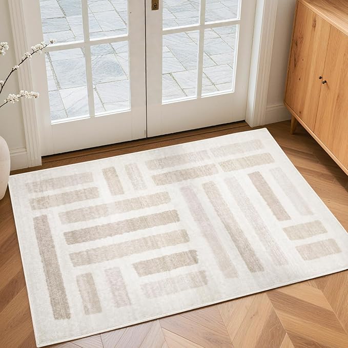 Washable Area Rugs, 2x3ft Soft Rug for Living Room and Bedroom Vintage Striped Rug Stain Resistant with Non Slip Backing Geometric Checkered Foldable Print Mat for Home Decor