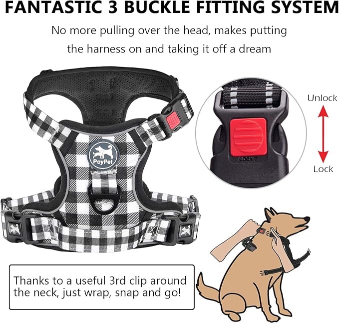 PoyPet No Pull Dog Harness, [Neck Release] Reflective Adjustable No Choke Pet Vest with Front & Back 2 Leash Attachments, Soft Control Training Handle for Small Dogs(Grid,L)