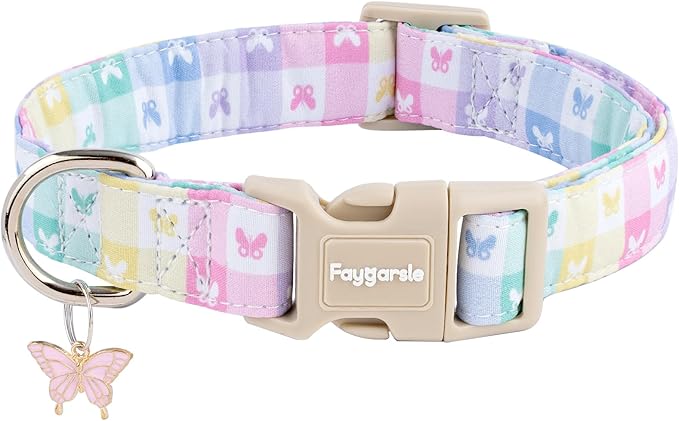 Faygarsle Pastel Butterfly Print Dog Collar, Adjustable with Quick-Release Buckle, Lightweight Summer Design for Small Medium Large Dogs Colorful XS