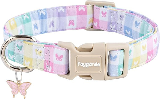Faygarsle Pastel Butterfly Print Dog Collar, Adjustable with Quick-Release Buckle, Lightweight Summer Design for Small Medium Large Dogs Colorful XS