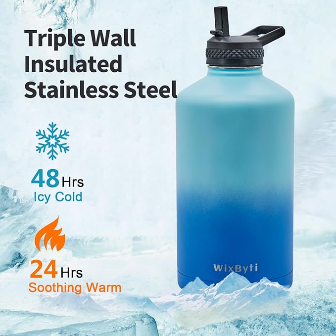 One Gallon Water Bottle Insulated, Triple Wall Vacuum Cold for 48 Hrs & Leak-proof & Non-BPA, 128oz Large Sports Stainless Steel Water Jug with Paracord Handle Straw Spout Lids & DIY Stickers