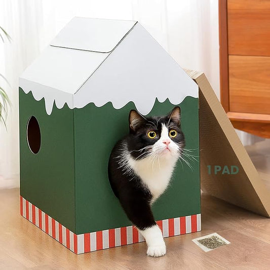 Cardboard Cat House with Scratch Pad & Catnip, Cat Play Scratching House for Indoor Hideaway Furniture, Heavy Duty Sturdy Cardboard Scratcher, Easy to Assemble Birthday Gift, Medium