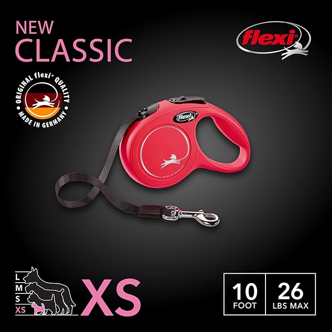 FLEXI New Classic Tape Retractable Dog Leash for Extra Small Dogs Upto 26 lbs. – 10 ft., Red | Tangle Free Pet Walking Leash with One-Handed Brake, Pause, Lock|German Quality Product