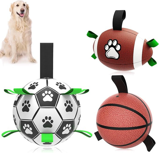 QDAN Dog Soccer Ball Football Basketball Set - 3 PCS Dog Balls with Strap for Tug of War, Soccer Ball Football Toys for Small Medium Large Dogs, Herding Ball for Dogs, Dog Birthday Toy