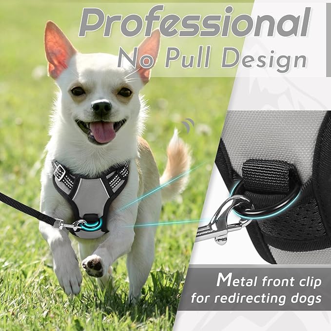 Eagloo Small Dog Harness No Pull, Service Vest with Reflective Strips and Control Handle, Adjustable and Comfortable for Walking, No Choke Pet Harness with 2 Metal Rings, Grey, XS