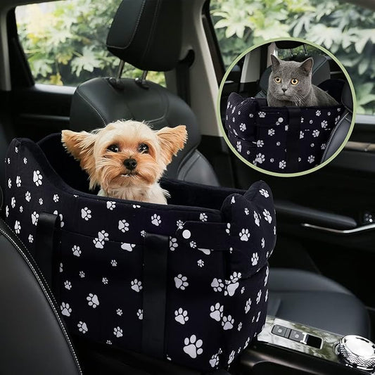 Cullaby Center Console Dog Car Seat Safe Travel for Small Dogs Under 15 lbs Detachable Washable Pet Carrier with Storage Pockets & Safety Leash,Black