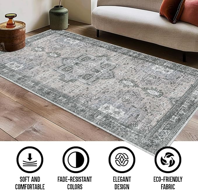 Muddy Mat짰 Blue Bell 2x10 Washable Area Rugs for Living Room, Bedroom & Dining Room ??Modern Soft Low Pile Non Slip Carpet ??Pet Friendly Waterproof Foldable Rugs for Home