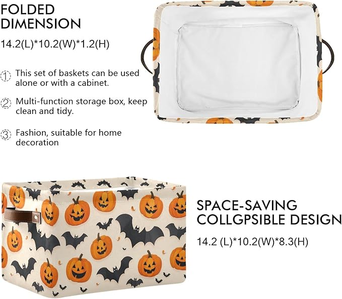 Wamika Happy Halloween Storage Basket with Waterproof Liner and PU Handles Spooky Pumpkin Black Bat Storage Bins Boxes 14.2" Collapsible Decorative Organizer Baskets for Bedroom Closet Office 1 Pack