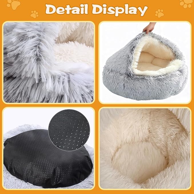ShinHye Round Plush Fluffy Hooded Cat Bed Cave, Cozy for Indoor Cats or Small Dogs, Waterproof Bottom, Washable（40 in）