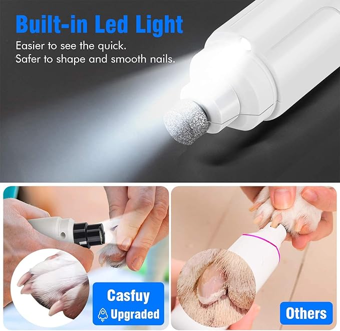 Casfuy Dog Nail Grinder with LED Light - Upgraded 2-Speed Electric Pet Nail Trimmer Powerful Painless Paws Grooming & Smoothing for Small Medium Large Dogs & Cats (White)