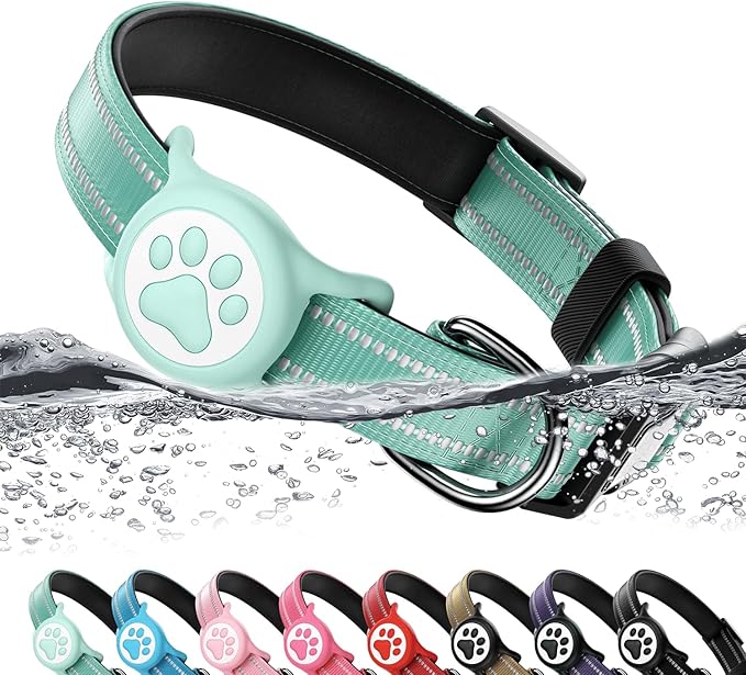 Airtag Dog Collar, Reflective Ultra-Durable Nylon Padded with QR Code Buckle & IP68 Waterproof Air Tag Holder Compatible for Apple AirTag, Comfortable for Small Medium Large Dogs(Green,S)