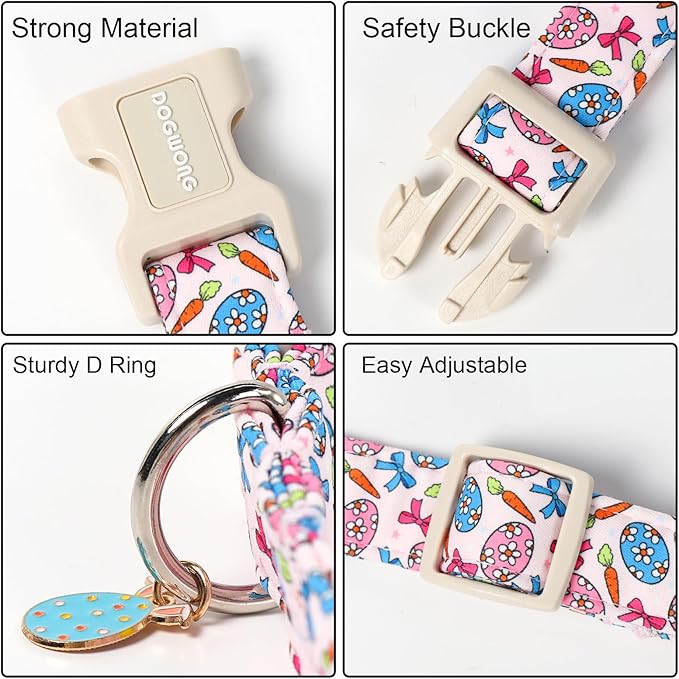DOGWONG Easter Dog Collar-Cute Pink Easter Egg Dog Collar, Easter Cattot Collars Puppy Collar Gifts with Quick Release Buckle for Girl&Female Dogs,L