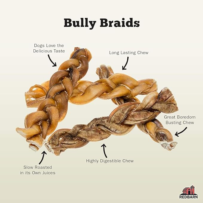 Redbarn Pet Products All Natural 8"-12" Braided Bully Sticks for Medium & Large Dogs - Healthy Long Lasting Beef Chews Variety Party Pack - Single Ingredient Low Odor Rawhide Free - 1 lb Bag