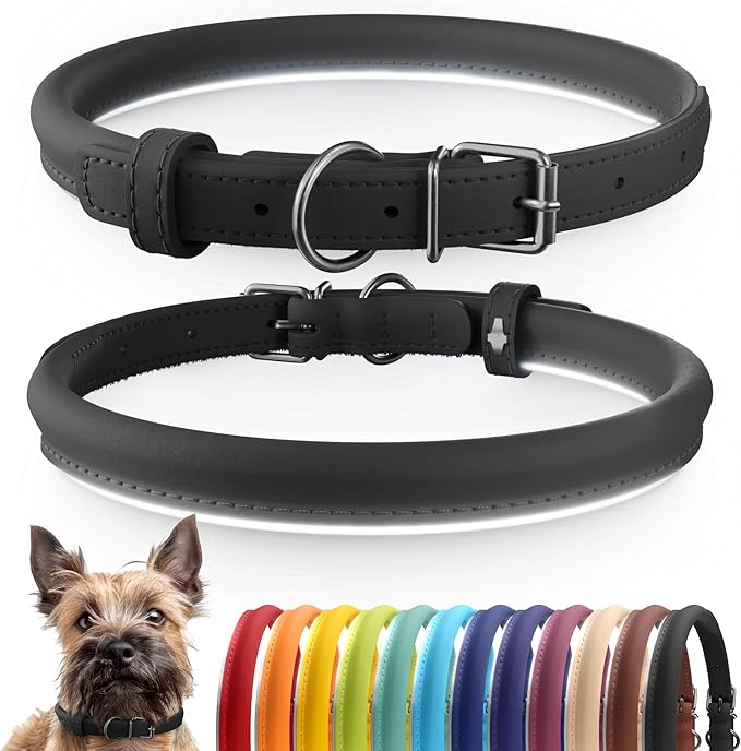 CollarDirect Rolled Leather Dog Collar, Soft Padded Round Puppy Collar, Handmade Genuine Leather Collar Dog Small Large Cat Collars 13 Colors (6-7 Inch, Black Smooth)