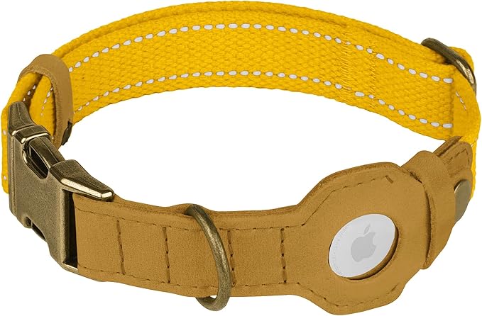 Reflective Leather Dog Collar with AirTag Holder - Soft Apple Airtag Dog Collar with Metal Buckle - Safety Cotton Pet Collars for Dogs Small Large Dogs Puppy (Yellow, L, 17"-21")