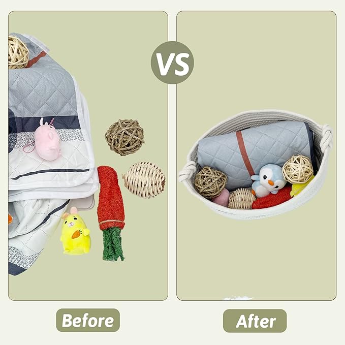 Fhiny Cotton Rope Dog Toy Basket with Handle Puppy Toys Storage Bin Small Woven Rectangle Diapers Pet Kitty Bed Perfect for Carry Pet Chew Toys Blankets Leashes Doggie Stuff - Beige L