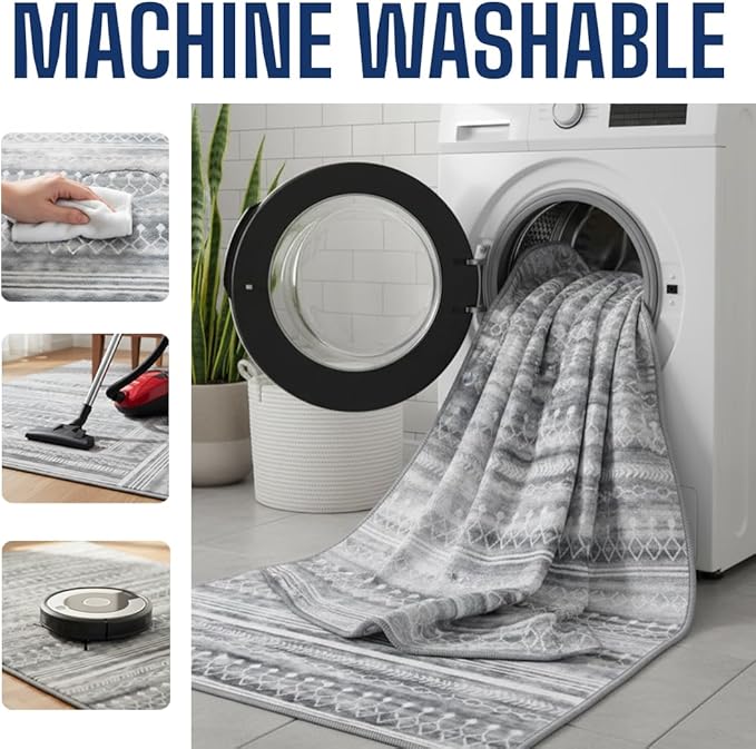 Muddy Mat짰 Greyline 2ft x 10ft Washable Area Rugs for Living Room, Bedroom & Dining Room ??Modern Soft Low Pile Non Slip Carpet ??Pet Friendly Waterproof Foldable Rugs for Home