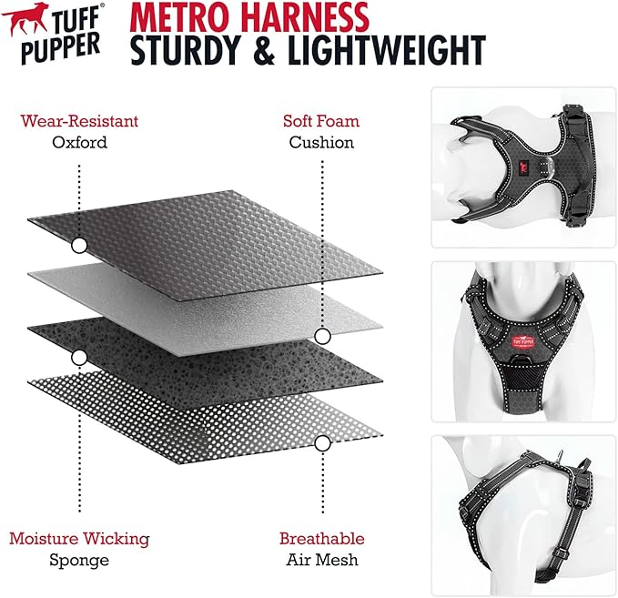 Tuff Pupper No Pull Easy Walk Dog Harness | Heavy Duty Pet Vest | Front & Back Leash Clips | Strong Safety Handle | Reflective Anti Pull Vest | Comfortable Padded Escape Proof Harness (Medium, Black)
