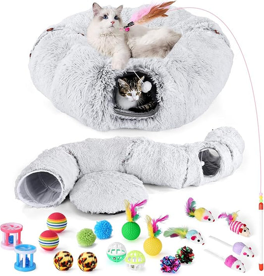 Odoland Cat Tunnel Bed with 20 Cat Toys - Indoor Plush Kitten Couch,Detachable Cats Cave Donut Tunnel & Soft Kitten Toy Set-Cozy Cat Furniture Grey