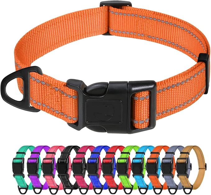 TagME Reflective Nylon Dog Collars, Adjustable Classic Pet Collar with Quick Release Buckle for Extra Large Dogs, Orange, 1¼" Width