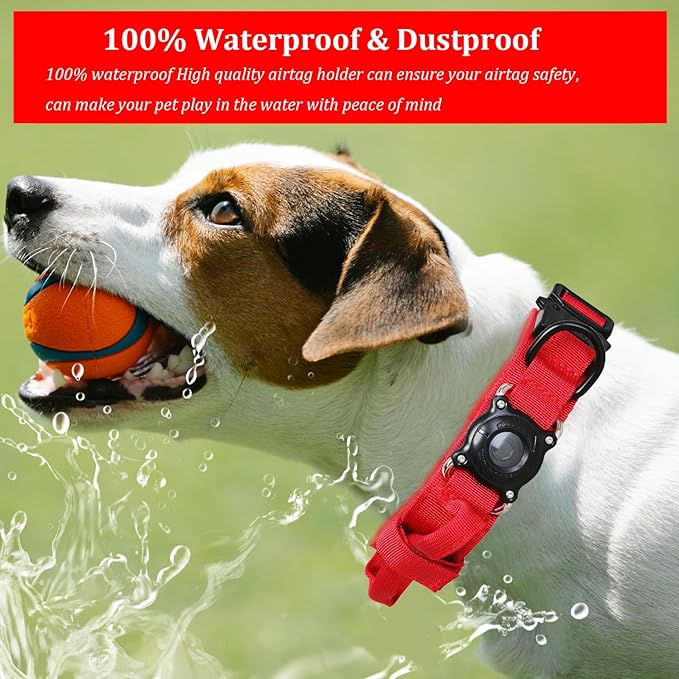 Xqpetlihai Upgraded AirTag Dog Collar Waterproof Tactical Dog Collar with AirTag Holder Heavy Duty Dog Collars for Large Dogs(Red，L