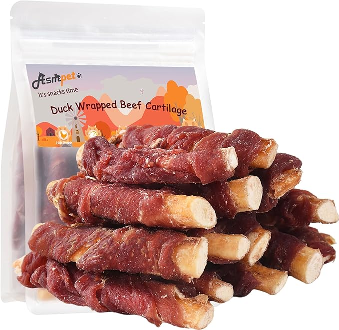 ASMPET Dog Treats Bones, Duck Wrapped Beef Cartilage, Rawhide Free & Grain Free Dog Snacks