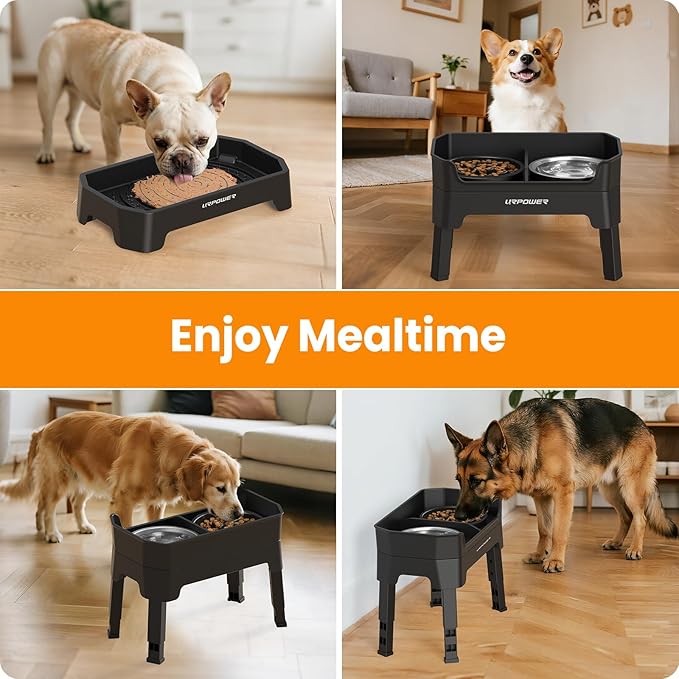 URPOWER Mess Proof Elevated Dog Bowls 4 Height Adjustable Raised Dog Bowl Stand with Stainless Steel Bowl, Slow Feeder & Licking Plate for Small, Medium & Large Dogs
