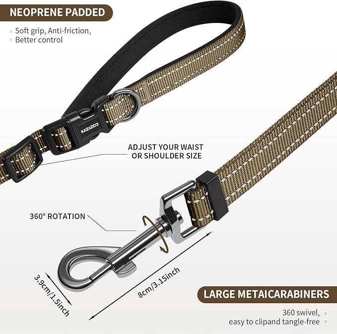 Kazazoo Hands-Free Adjustable Length 5-8 Ft Dog Leash, Waist for Dog Walking, Running for Dogs with Reflective Strips, Ballistic Nylon, Waist Belt Adjustable, Lightweight Brown M