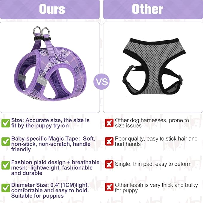 BEAUTYZOO Small Dog Harness and Leash Set, Step in No Choke No Pull Soft Mesh Dog Harnesses Reflective for Extra-Small/Small Medium Puppy Dogs and Cats, Plaid Dog Vest Harness for XS S Pets, Purple L