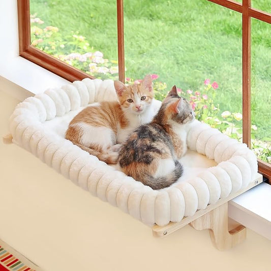 Zakkart SnugCloud Cat Window Perch with 4-Sided Bolster - Large Cat Hammock for Window Sill - Solid Hardwood & Metal Frame - Window Seat for Pets (Natural Color Wood w/White Bed, Large)
