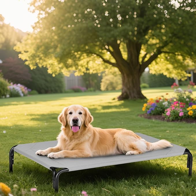 Elevated Dog Bed for Outdoor, XXXL Raised Dogs Cot with Washable Mesh, Cooling Pet Beds Chew Proof Dog Hammock, Metal Frame Lifted Platform for Training Outside Camping, 59 inch Grey