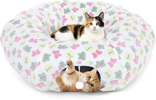 Cat Tunnels for Indoor Cats, 35'' Plush Cat Tunnel Bed with Playful Ball and Circle Cushion, Multifunctional Peekaboo Cat Cave, Interactive Toy Gift for Cats, Kittens, Rabbits,WhiteButterfly