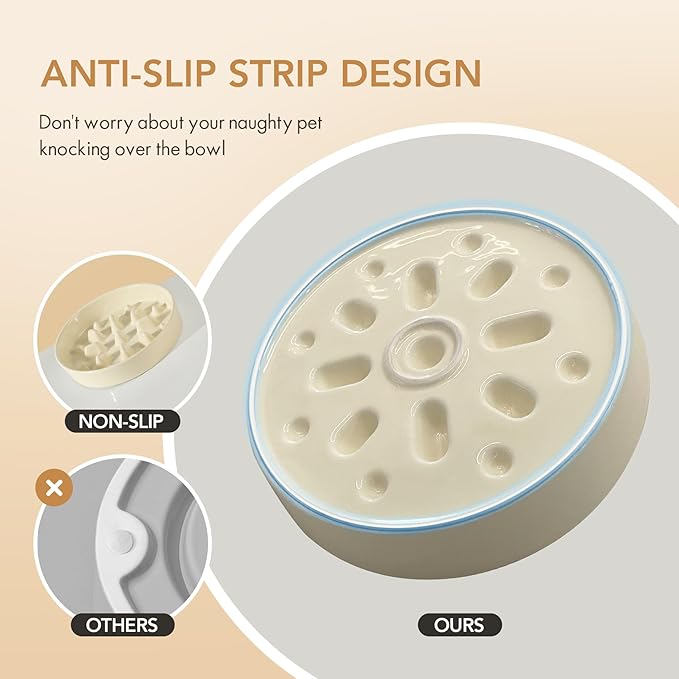 Ceramic Raised Slow Feeder Dog Bowl Set, Elevated 7.3inch Bowl and 8.2inch Slow Pet Food Dish with Wooden Stand for Medium and Large Dog (2 x Beige+ Stand)