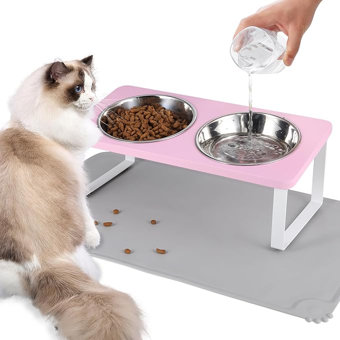Upgraded Elevated Cat Bowls with Food Mat,15°Tilted Stand Anti Vomiting Raised Cat Dishes for Food and Water,2 Stainless Steel Bowls for Cats and Puppy（Pink）