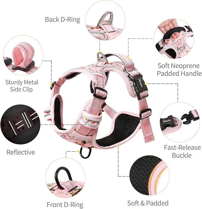 HEELE Dog Harness Harness for Small Dogs No Pull Dog Vest Harness for Small Dog with Soft Padded Handle Reflective for Outdoor Training, Flower-Pink, XS