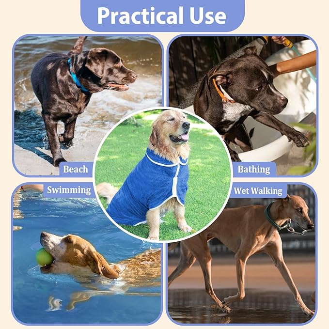 Dog Bathrobe Towel Dog Drying Coat - Super Absorbent Towels Bath Robe for Dogs Large, Soft Adjustable Collar & Belly Strap Fast Drying Coat Pet Cat Bath Robe (Medium Blue‌, Large)