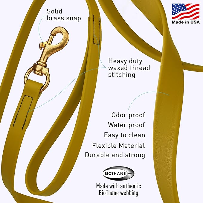 Viper Biothane K9 Working Dog Leash Waterproof Lead for Tracking Training Schutzhund Odor-Proof Long Line with Solid Brass Snap for Puppy Medium and Large Dogs, 10ft Treasure Gold
