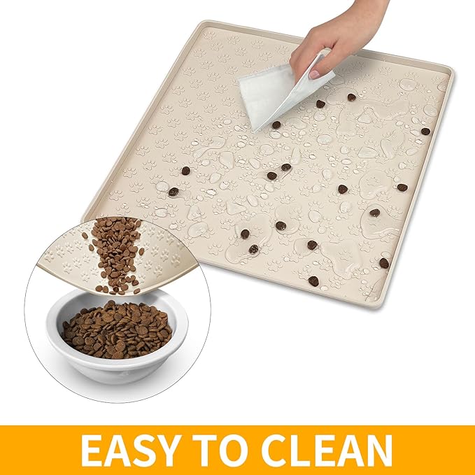 Ptlom Pet Placemat for Dog and Cat, Waterproof Non-Slip Silicone Feeding Bowl Mat Prevent Food and Water Overflow, Puppy Dish Feeder Fountain Trays Suitable for Medium and Small Pets, Beige