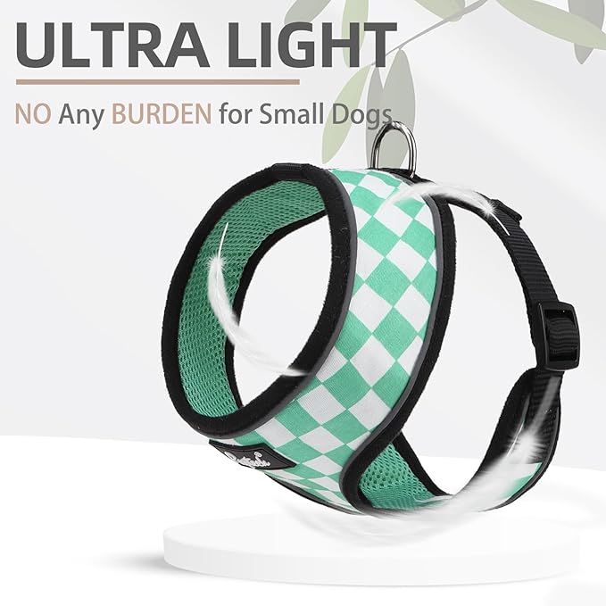 PUPTECK Soft Mesh Dog Harness and Leash Set Pet Puppy Cat Comfort Padded Vest No Pull Harnesses, Checkered Green&White, S