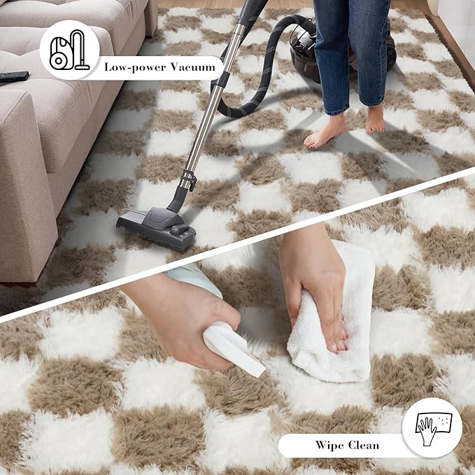 Checkered Rug for Bedroom, 2x4 Beige and White Area Rugs, Classic Checkered Carpets Shaggy Area Rug, Bedside Rugs for Living Room Bedroom Kids Room Home Decor