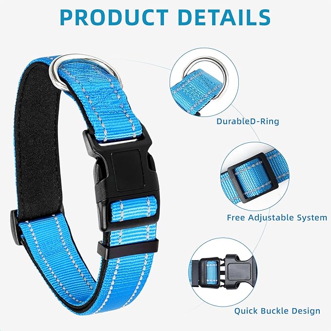Reflective Dog Collar for Extra Large Dogs, Adjustable Collar with Soft Neoprene Padded, Durable Buckle for Daily Walking,Aqua Blue,XL