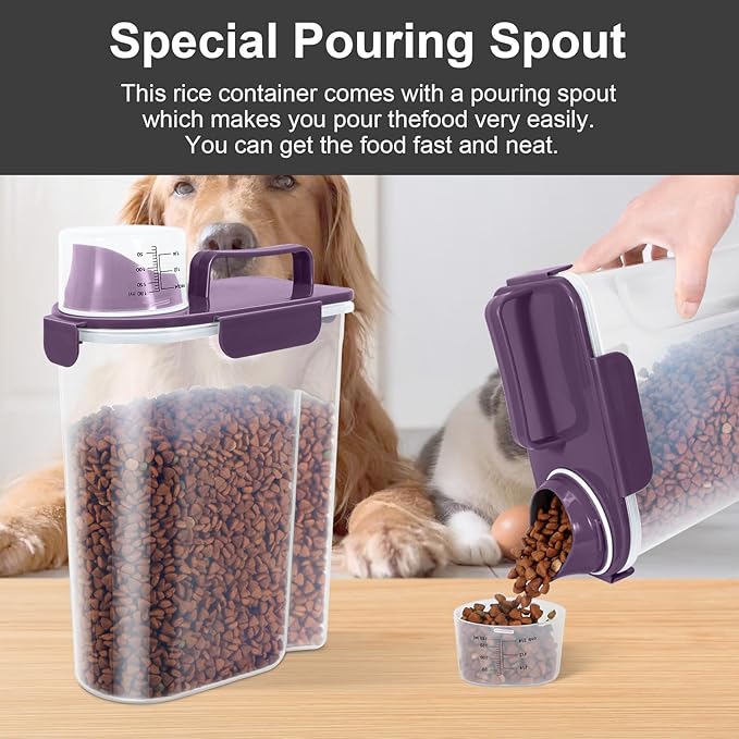 5Lbs/6Qt Airtight Pet Storage Container Translucent Body, Upgraded Large Nozzle With Handle Design For Cat Dog Bird Food and for Small Animal Kibble, Oatmeal, Rice, Flour, Brown Sugart-Purple