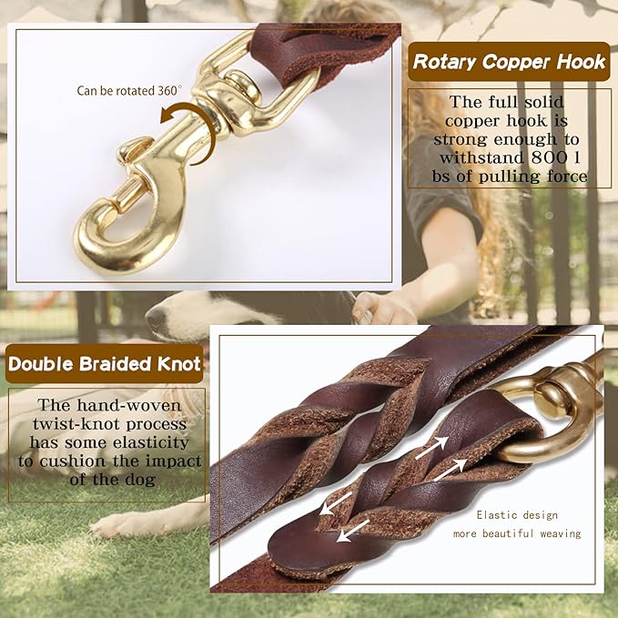 Leather Dog Leash 6ft x 5/8 inch,Strong Heavy Duty Genuine Leather Braided Dog Training Leash, Soft and Comfortable for Large Dogs, Medium Small Dogs (Brown, 6FT*5/8in)