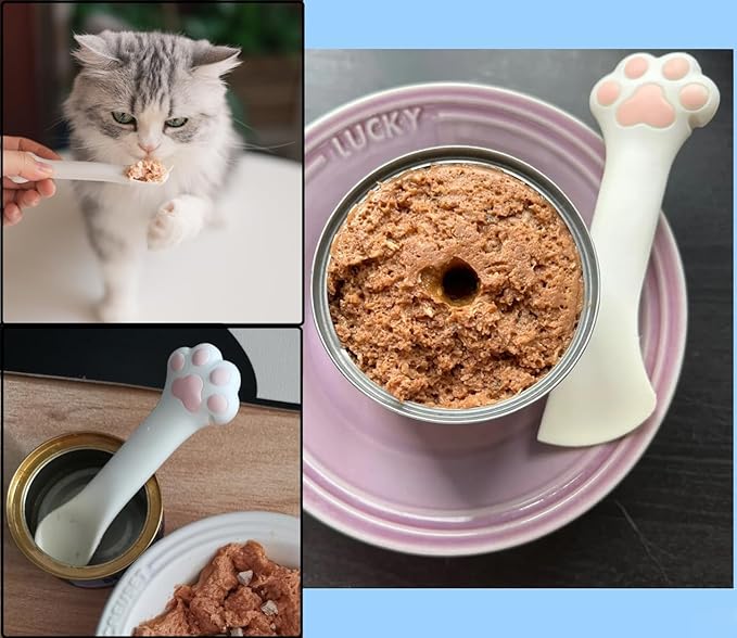 2 Pack Dog Cat Food Spoon Spatula, Cute Paw Pet Can Opener Mixing Spoons for Dog Cat Wet Food, Small Silicone Spatula Cat Treat Spoon Pet Cannd Food Scoop for Dog Cat, Grey