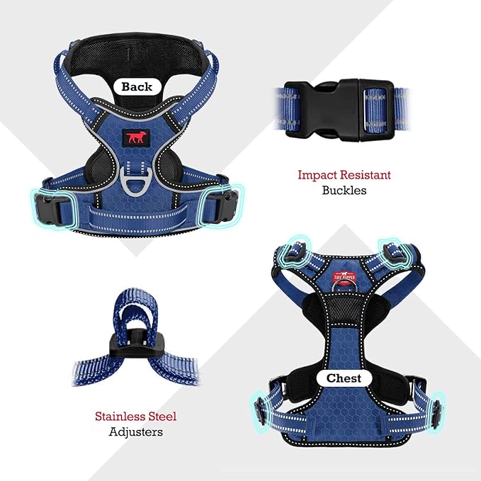 Tuff Pupper No Pull Easy Walk Dog Harness | Heavy Duty Pet Vest | Front & Back Leash Clips | Strong Safety Handle | Reflective Anti Pull Vest | Comfortable Padded Escape Proof Harness (X-Large, Blue)