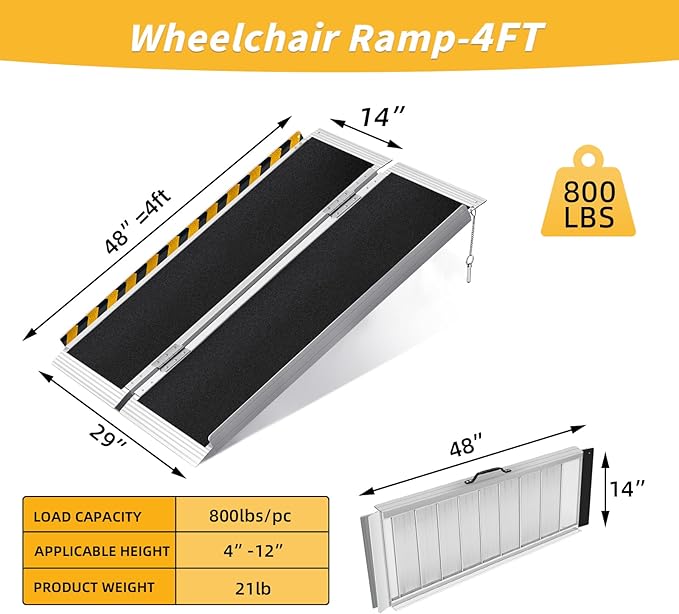 4FT Portable Wheelchair Ramp, Non-Slip Aluminum Folding Handicap Ramp for Home Steps, Stairs, Threshold and Doorways, Scooter Ramps, 800LBS Capacity