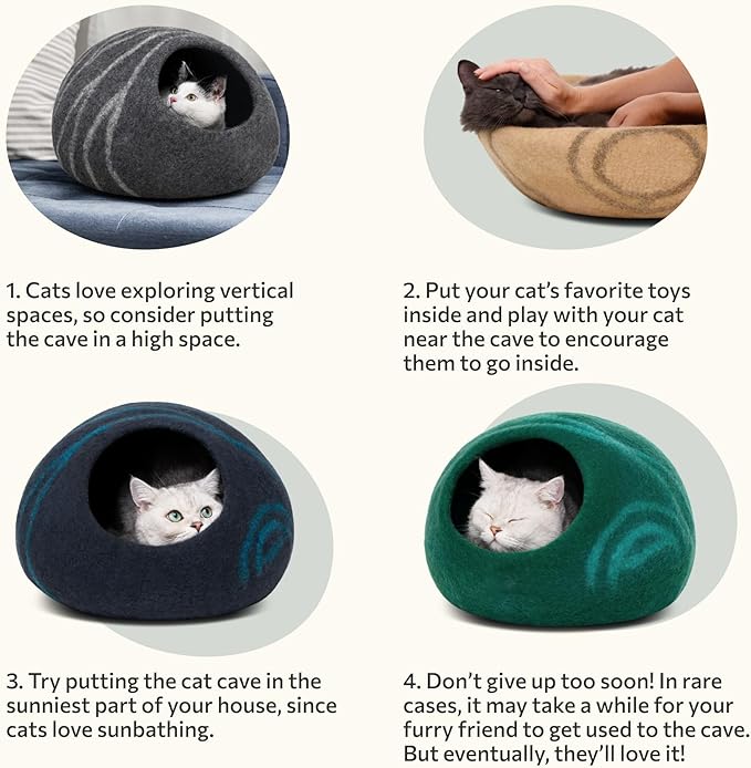 MEOWFIA Cat Cave – Premium Felt Cat Bed for Indoor Cats, Handmade Merino Wool (Dark Grey, Medium)